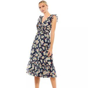 Mac Duggal Floral Print Midi Dress (Size 8)